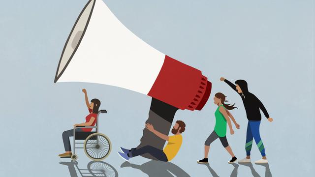 Illustration: Protestierende Aktivisten mit einem übermenschengroßen Megaphon