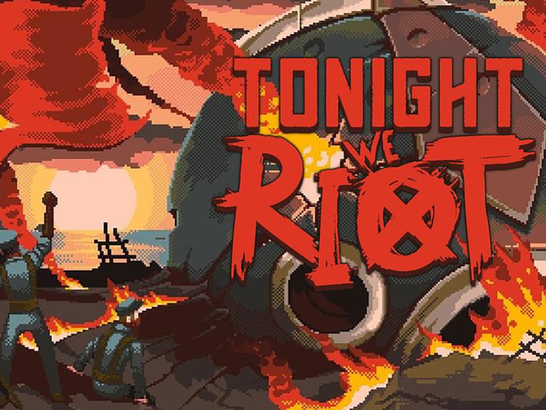 Gameoberfläche von "Tonight We Riot", ein Computerspiel zum Thema Klassenkampf. Eine dunkelgraue Gestalt schwenkt eine rote Fahne mit einem gelben Stern.