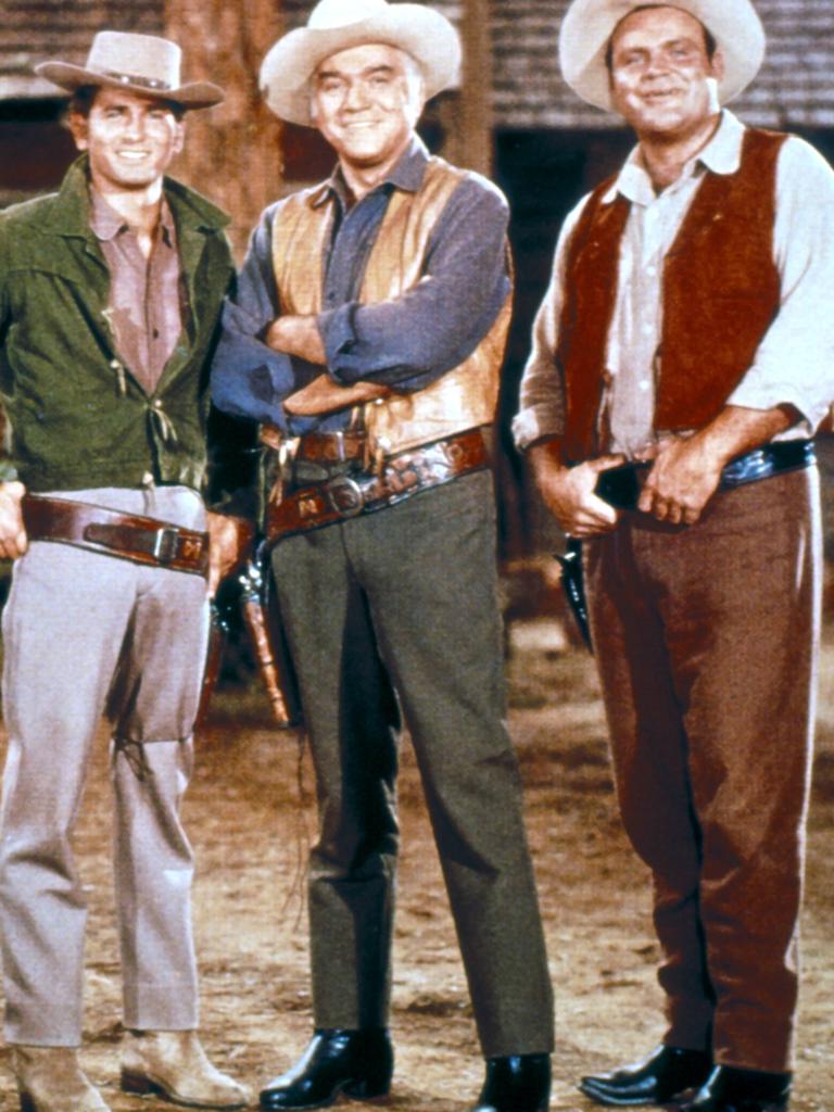 Die US-Schauspieler der Bonanza-Serie in ihrer Rolle als Cowboys: Pernell Roberts, Michael Landon, Lorne Greene, Dan Blocker Characters. 