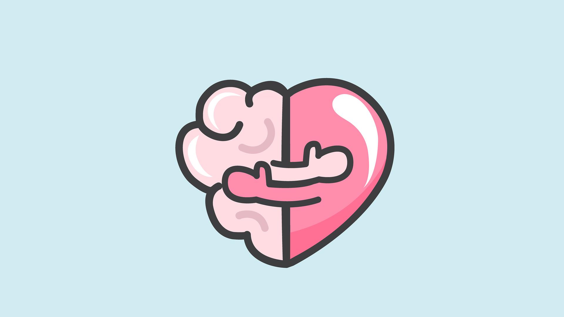 Illustration: Ein Gehirn und ein Herz fügen sich zusammen und umarmen sich.