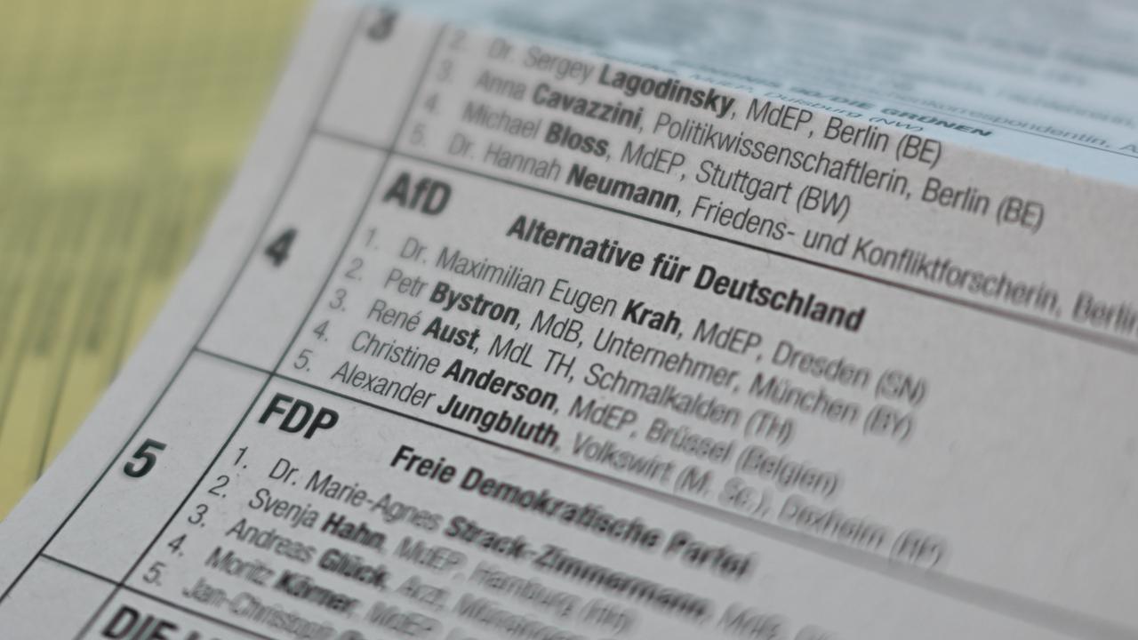 Die Namen der beiden AfD-Spitzenkandidaten für die Europawahl, Maximilian Krah und Petr Bystron, sind im Briefwahlbüro der Stadt Mainz auf einem Stimmzettel zu lesen. 
