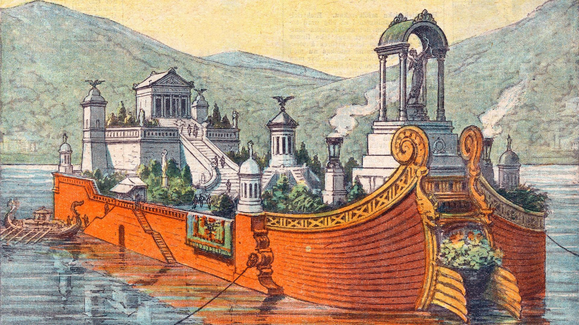 Zeichnung von Kaiser Caligulas (12-41 n. Chr.) Palastschiff auf dem Nemi See, südöstlich von Rom, Italien. Zeichnung von Kaiser Caligulas (12-41 n. Chr.) Palastschiff auf dem Nemi See, südöstlich von Rom, Italien.