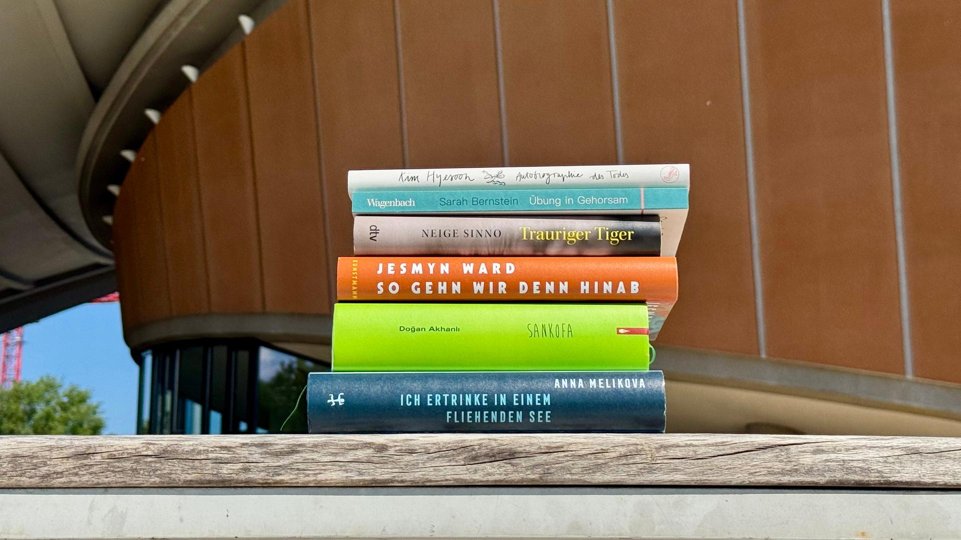 Das Bild zeigt einen Bücherstapel mit den Werken, die auf der Shortlist des Deutschen Literaturpreises 2025 stehen Das Bild zeigt einen Bücherstapel mit den Werken, die auf der Shortlist des Deutschen Literaturpreises 2025 stehen