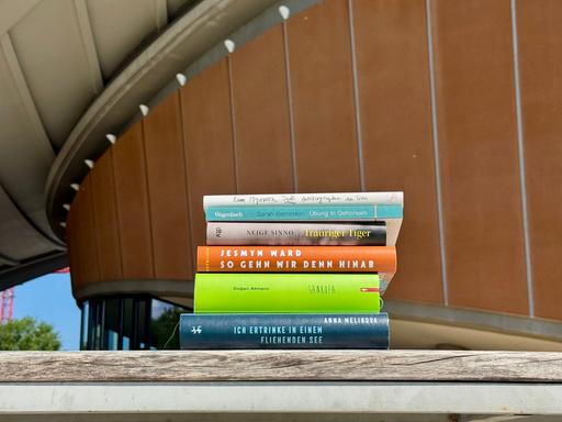 Das Bild zeigt einen Bücherstapel mit den Werken, die auf der Shortlist des Deutschen Literaturpreises 2025 stehen