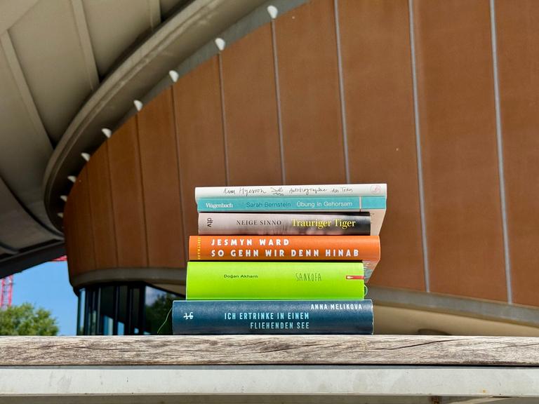 Das Bild zeigt einen Bücherstapel mit den Werken, die auf der Shortlist des Deutschen Literaturpreises 2025 stehen