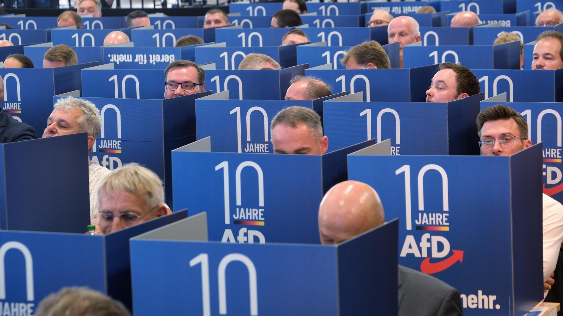 Das Foto zeigt Mitglieder von der AfD. Sie wählen gerade in Wahl-Kabinen die Kandidaten für die Europa-Wahl.