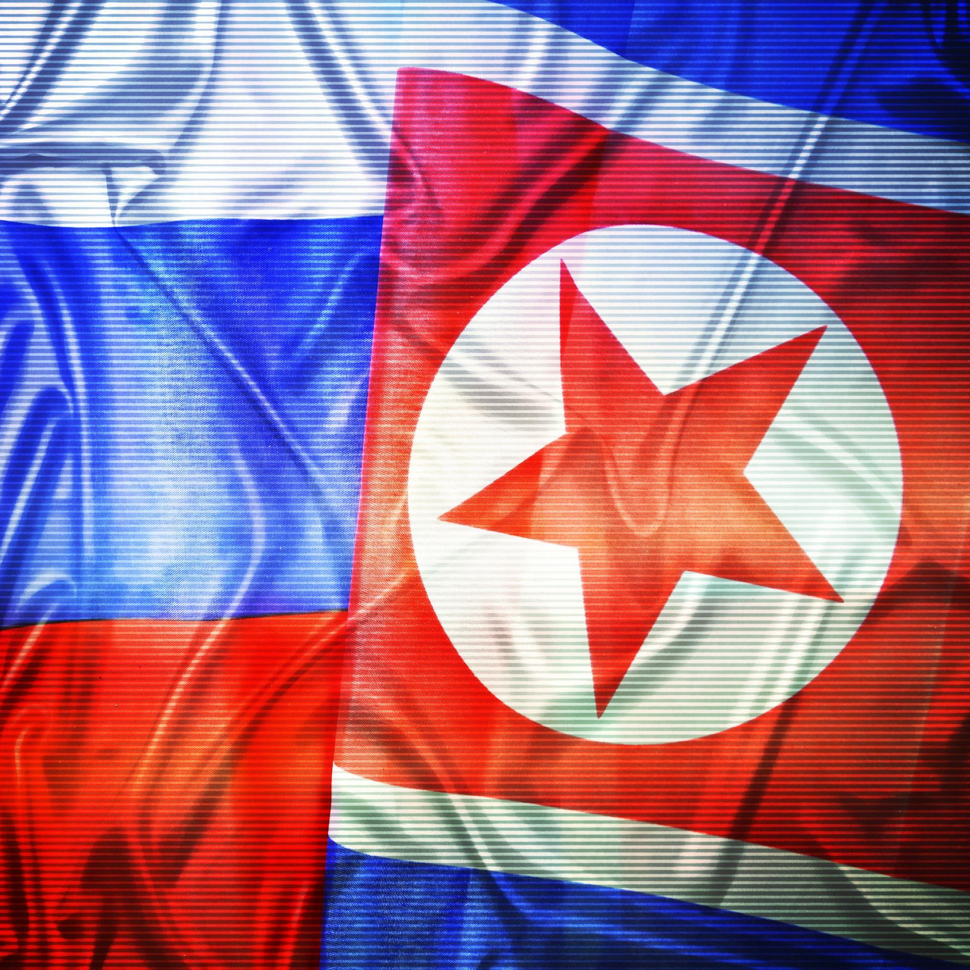 Die russische Flagge hat weiß-blau-rote Querstreifen. Die nordkoreanische rot-weiß-blaue, wobei der obere rote dicker ist. Darin ist ein weißer Kreis mit einem roten Strern. Das Bild wirkt durch dünne waagrechte graue Streifen sehr grobkörnig.