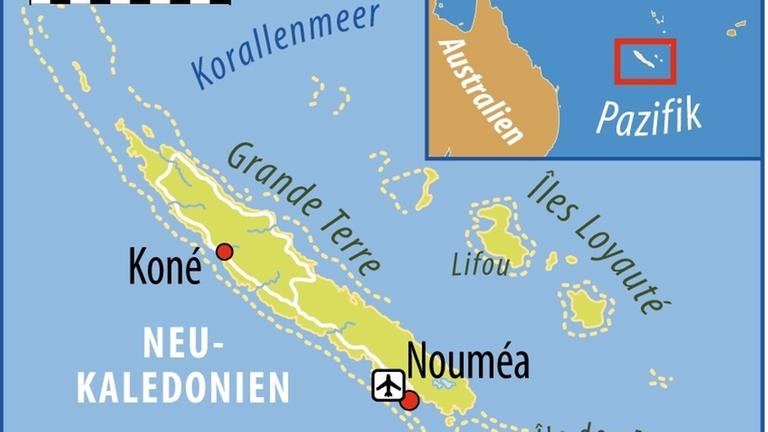 Das Foto zeigt eine Karte des französischen Überseegebiets Neu-Kaledonien im Pazifik. Das Foto zeigt eine Karte des französischen Überseegebiets Neu-Kaledonien im Pazifik.