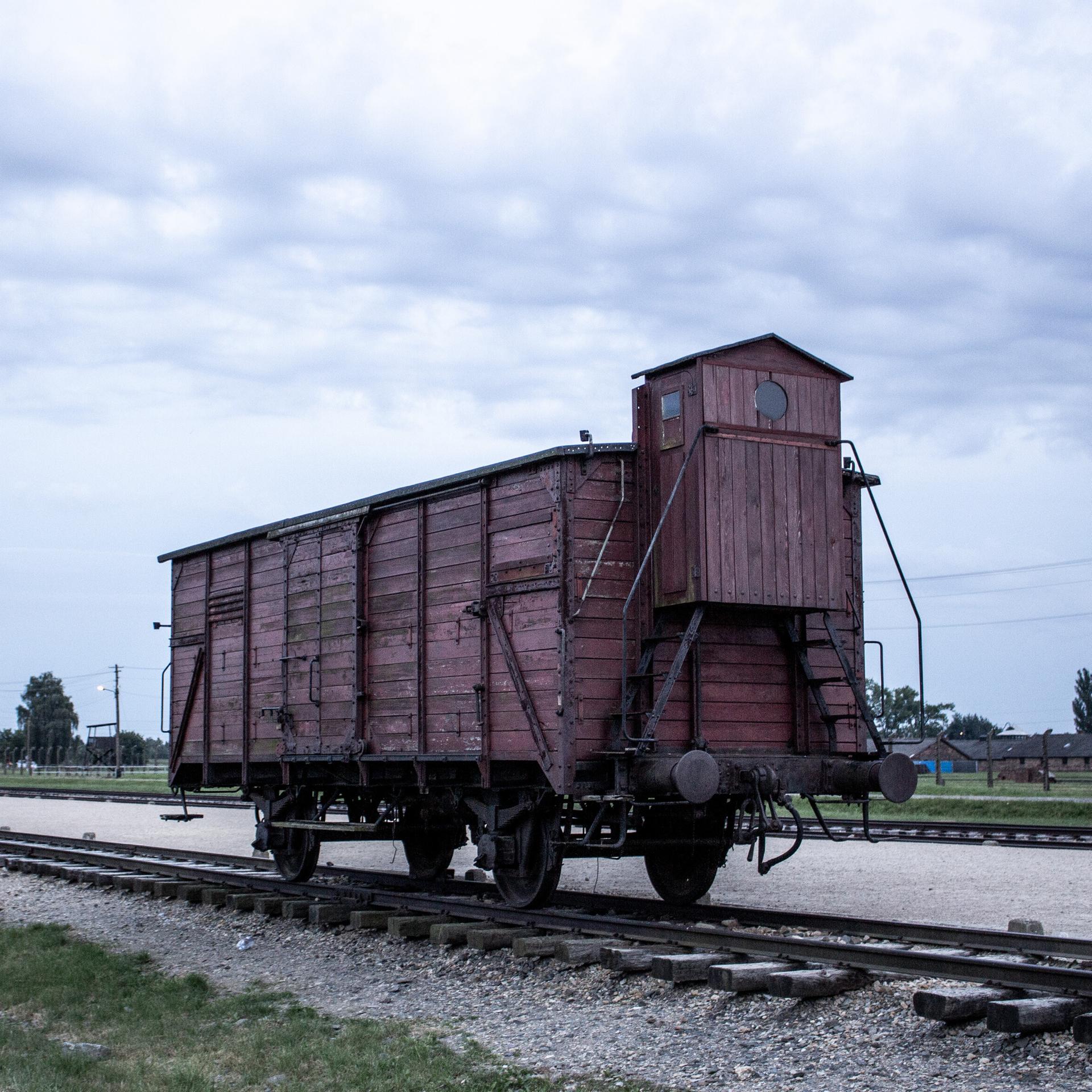 Viehwagon auf Gleisen an der ehemaligen Laderampe im Vernichtungslager Auschwitz-Birkenau. 