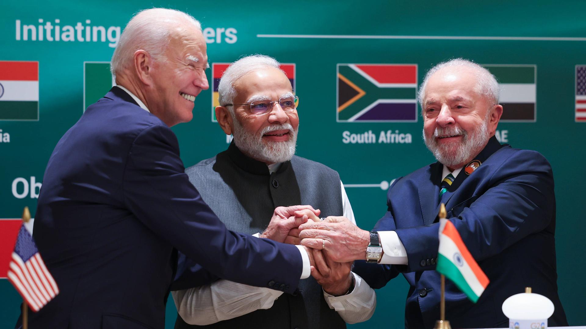 US-Präsident Joe Biden, der indische Premier Narendra Modi und Brasiliens Präsident Lula da Silva beim G20-Gipfel.