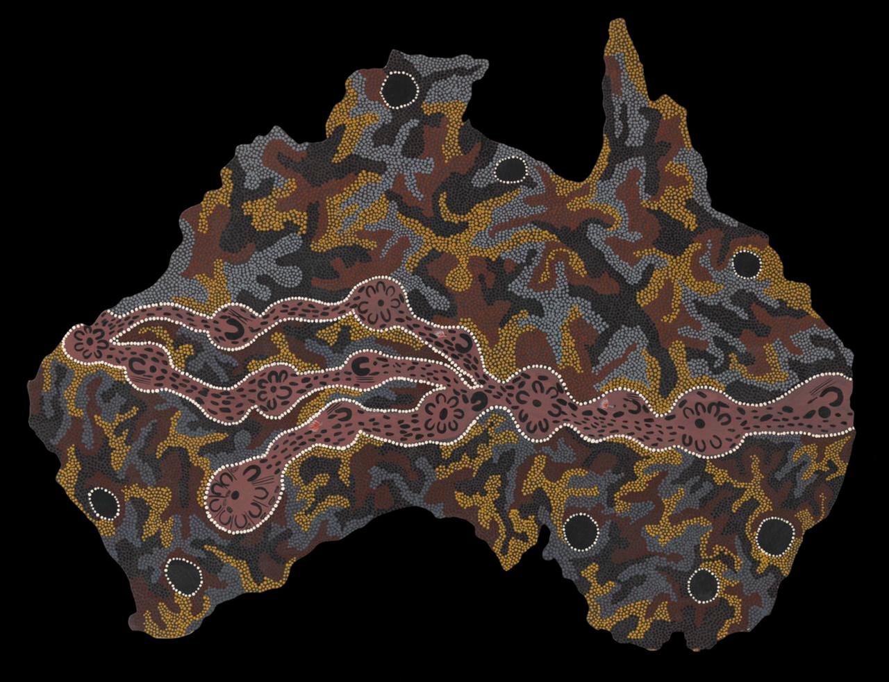 Das Gemälde von Josephine Mick zeigt eine abstrakte Landkarte Australiens.