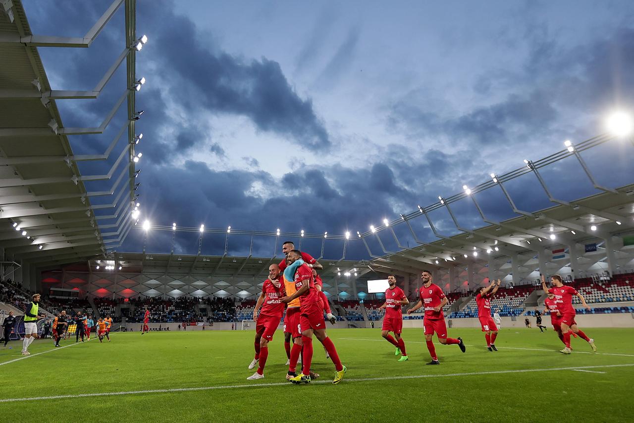 Spieler von Swift Hesperingen bejubeln ein Tor im Luxemburger Nationalstadion.