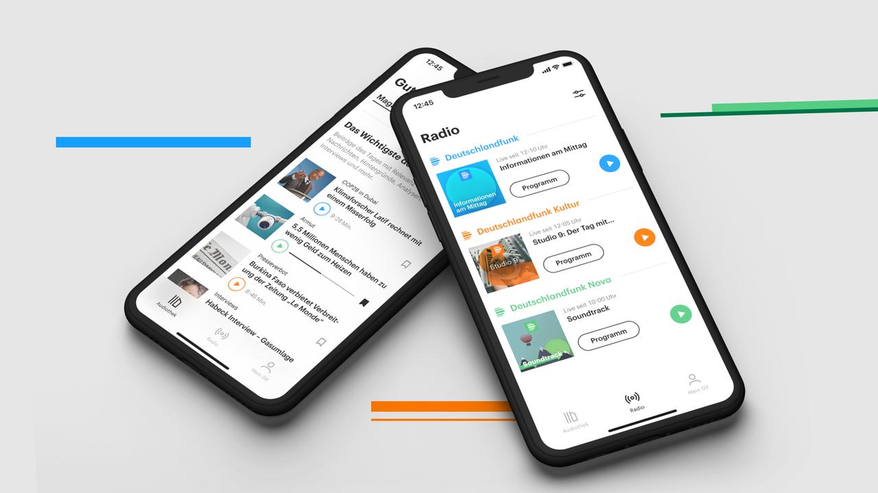 Das Bild zeigt die neue Deutschlandfunk App in der Version 2.5 mit neuer Navigation und Magazinseite.