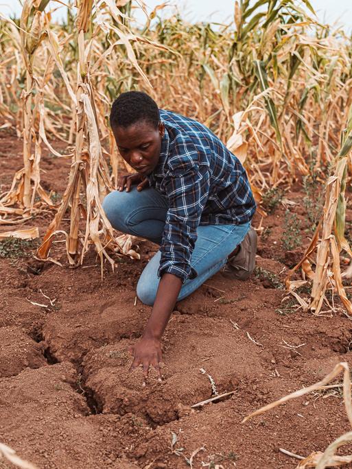 Ein afrikanischer Landwirt prüft seinen von Trockenheit aufgerissenen Boden auf einem Getreidefeld