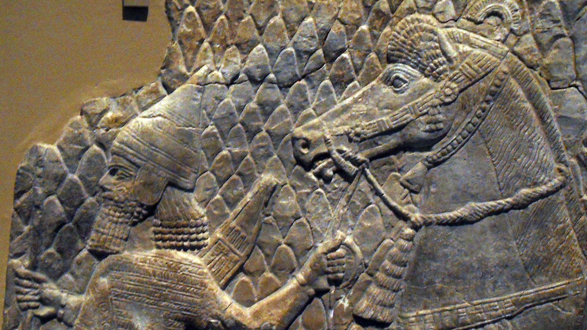 Ein assyrisches Relief, das ein von einem Bogenschützen geführtes Pferd darstellt. Gefunden im Südwestpalast von Sennacherib im irakischen Ninive. Ein assyrisches Relief, das ein von einem Bogenschützen geführtes Pferd darstellt. Gefunden im Südwestpalast von Sennacherib im irakischen Ninive.