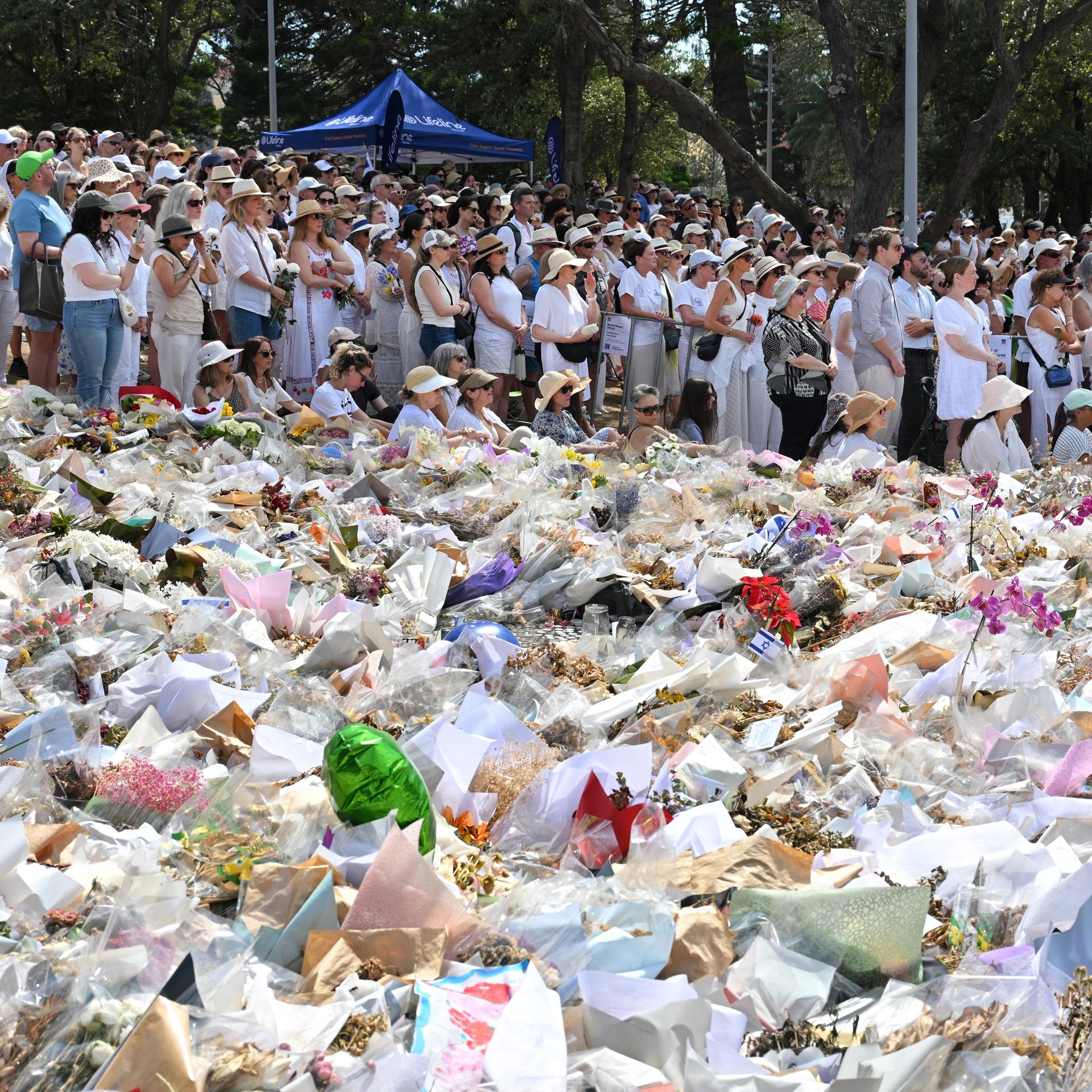 Viele Menschen haben sich zum Gedenken versammelt. Der Bild-Vordergrund wird beherrscht von abgelegten Blumen.