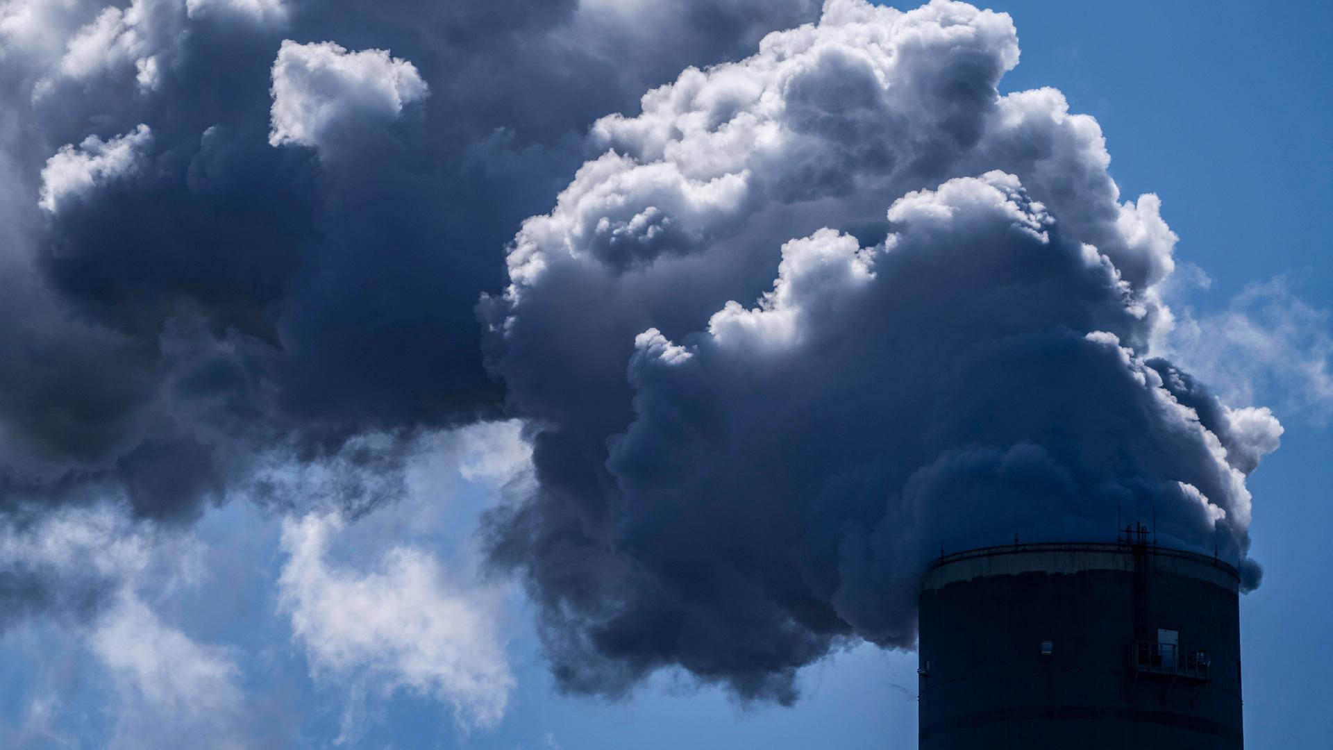 Schornstein eines Kohlekraftwerk in Rotterdam stößt dicken, weißen Qualm aus Schornstein eines Kohlekraftwerk in Rotterdam stößt dicken, weißen Qualm aus