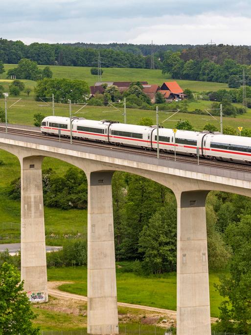 Bahnverkehr auf der Schnellfahrstrecke Nürnberg - Würzburg: Ein ICE fährt über eine hohe Brücke, eingerahmt von der Landschaft.
