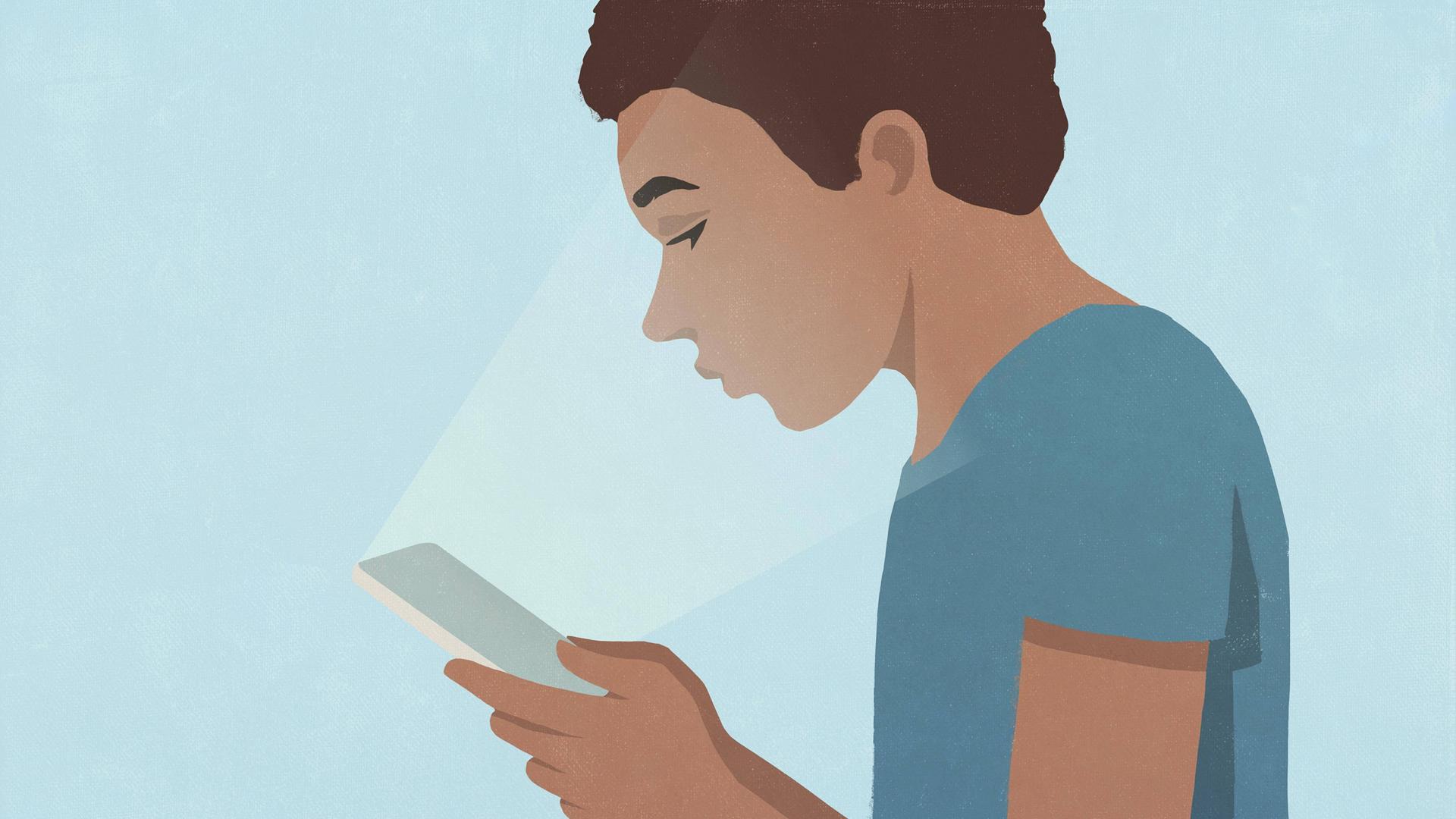 Illustration eines Jugendlichen, der ein Smartphone in den Händen hält. Das Licht des Bildschirms scheint in sein Gesicht. Illustration eines Jugendlichen, der ein Smartphone in den Händen hält. Das Licht des Bildschirms scheint in sein Gesicht.