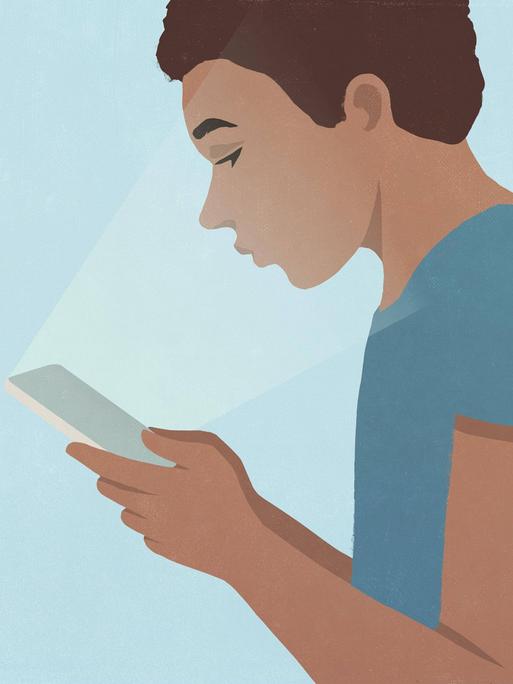 Illustration eines Jugendlichen, der ein Smartphone in den Händen hält. Das Licht des Bildschirms scheint in sein Gesicht.