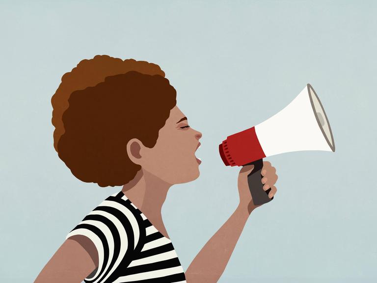 Illustration: Eine Frau ruft in ein Megafon