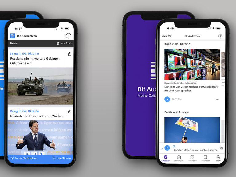Handys zeigen Apps der Dlf Nachrichten und der Dlf Audiothek