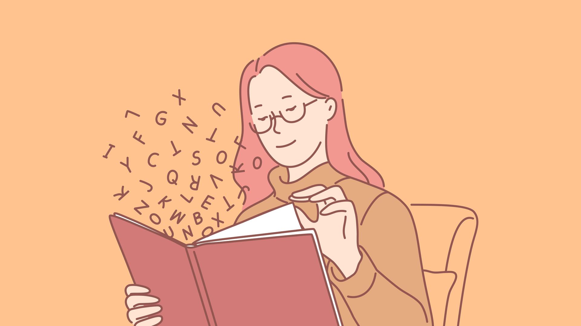 Illistration einer Person mit langen Haaren und Brille, die auf einem Sessel sitzt und ein Buch ließt. Aus den Buchseiten fliegen einzelne Buchstaben heraus. Der Hintergrund ist orange.