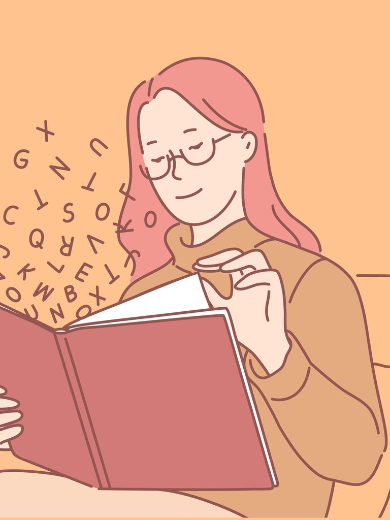 Illistration einer Person mit langen Haaren und Brille, die auf einem Sessel sitzt und ein Buch ließt. Aus den Buchseiten fliegen einzelne Buchstaben heraus. Der Hintergrund ist orange.