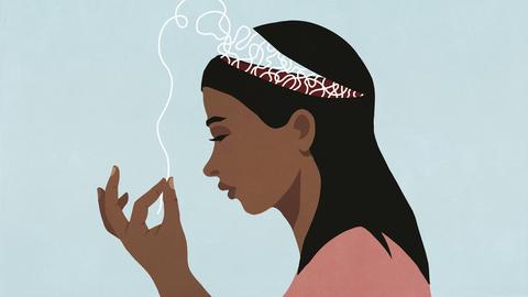 Die Illustration zeigt ein Frau im Profil mit einem geöffneten Kopf, aus dem sie eine Schur zieht. 