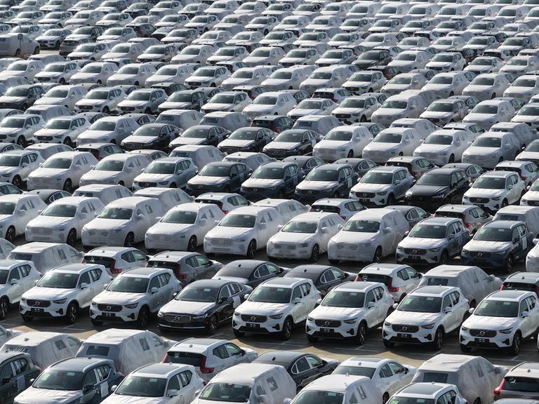 Autos im Hafen von Nanjing in der Provinz Jiangsu. Im 1. Quartal 2024 stieg die Produktion von 9.012 auf 9.079 Millionen Fahrzeuge.