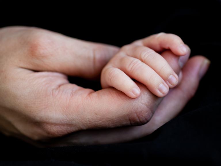 Eine grosse Hand hält eine Kinderhand. Eine grosse Hand hält eine Kinderhand.