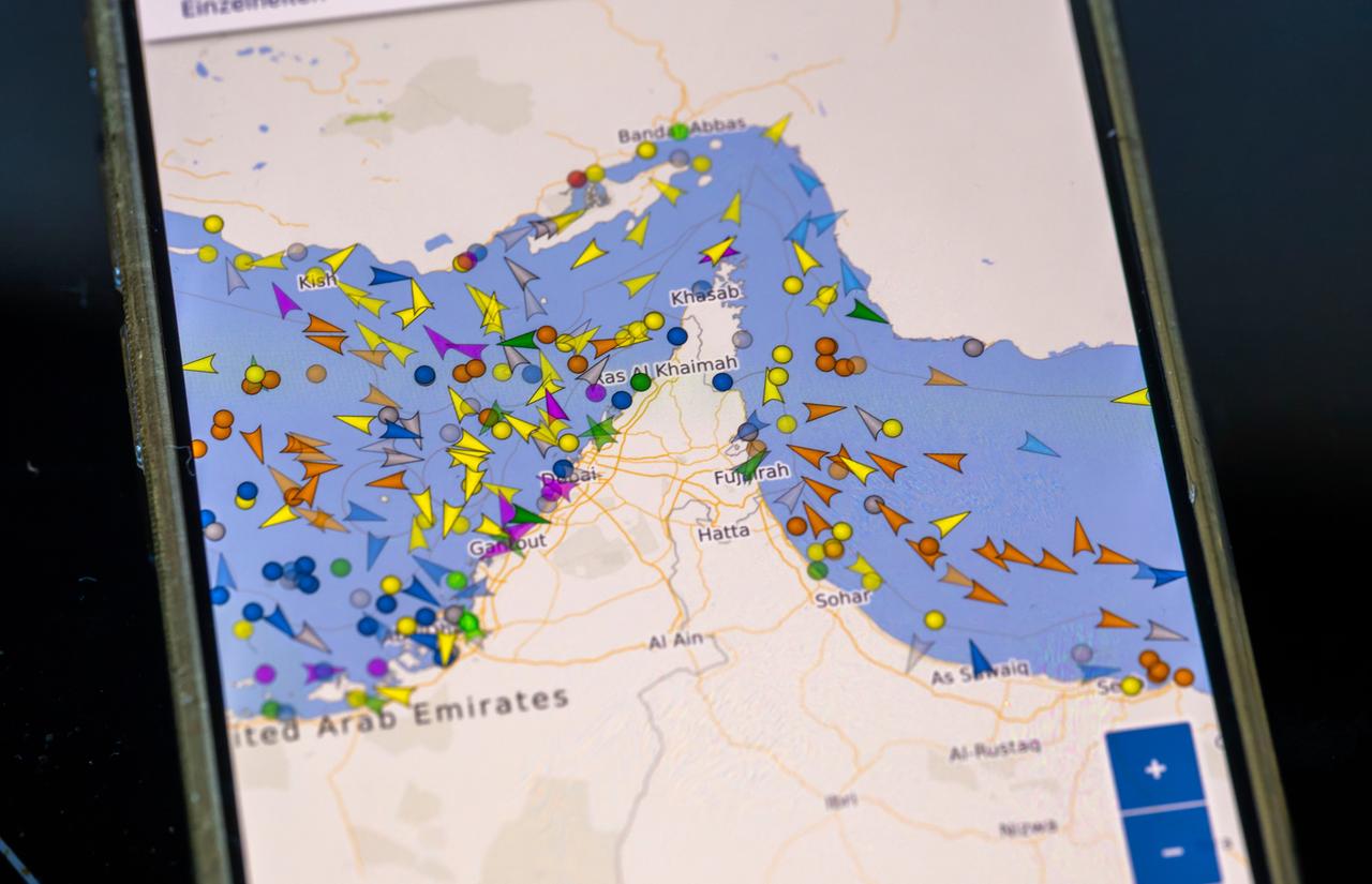 Blick auf das Display in Landkarten-Optik. Die Schiffe sind als längliche Dreiecke in verschiedenen Farben dargestellt.