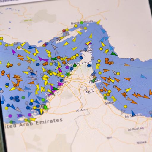 Blick auf das Display in Landkarten-Optik. Die Schiffe sind als längliche Dreiecke in verschiedenen Farben dargestellt.