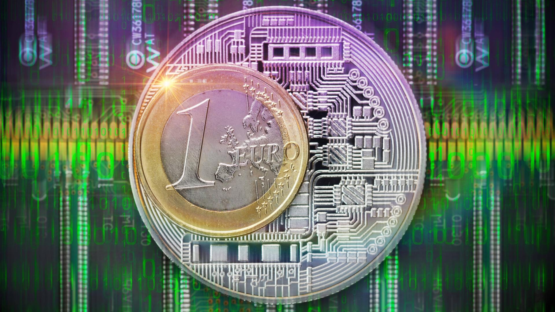 Eine Fotomontage zeigt eine Ein-Euro-Münze vor einer Darstellung von Binärcode, die an den Film "Matrix erinnert"