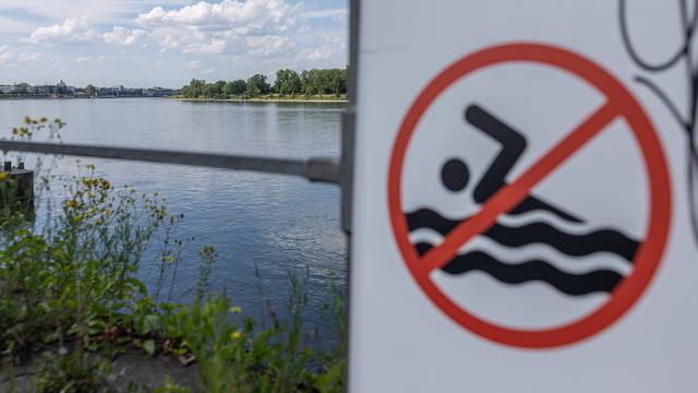 Badeverbotsschild vor dem Rheinufer in Bonn. Im Hintergrunf sieht man den Fluss.