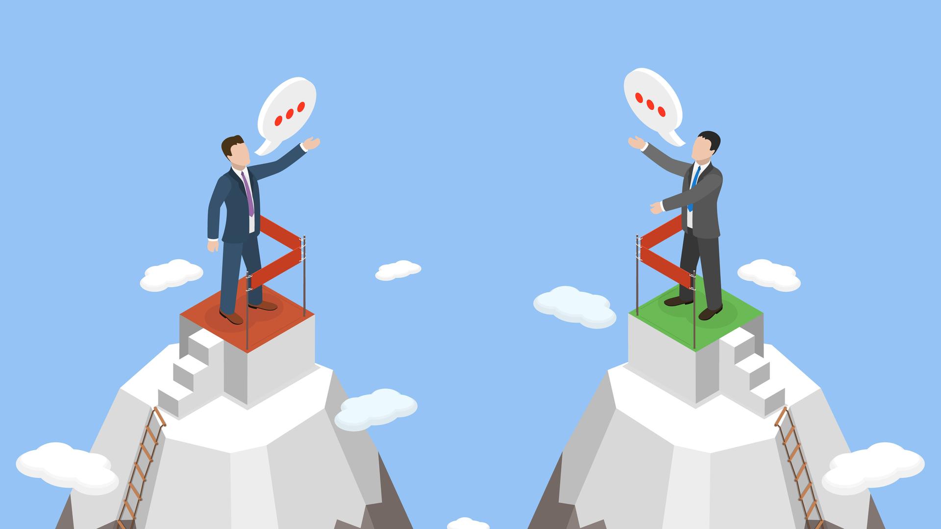 Illustration für politische Polarisierung: Zwei Menschen stehen auf zwei Berggipfeln, beide haben Sprechblasen und schauen einander an. Illustration für politische Polarisierung: Zwei Menschen stehen auf zwei Berggipfeln, beide haben Sprechblasen und schauen einander an.