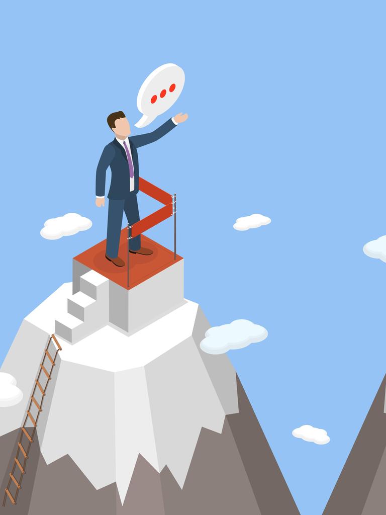 Illustration für politische Polarisierung: Zwei Menschen stehen auf zwei Berggipfeln, beide haben Sprechblasen und schauen einander an. Illustration für politische Polarisierung: Zwei Menschen stehen auf zwei Berggipfeln, beide haben Sprechblasen und schauen einander an.