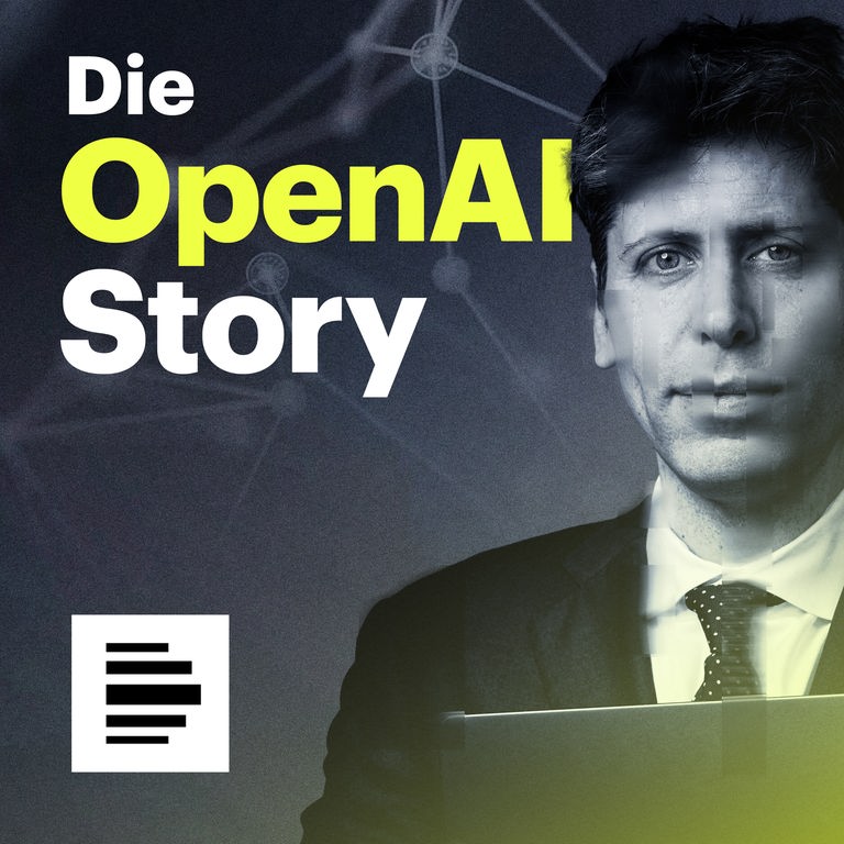 Das Cover zum Podcast "Die OpenAI Story" zeigt OpenAI-Chef Sam Altman im Anzug