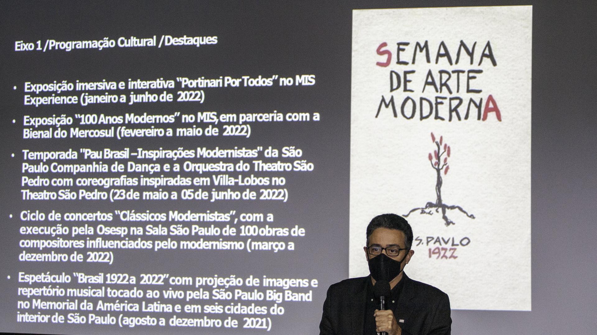 Sao Paulos Kultur-Sekretär Sergio Sa, 2021 bei der Präsentation der millionenschweren Feiern zum Gedenken der Semana de Arte Moderna vor hundert Jahren