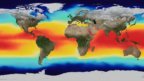 Eine Satellitenansicht der Erde zeigt die Wassertemperatur in den Meeren an unterschiedlichen Orten an (rote Gebiete sind warm, blaue kalt).