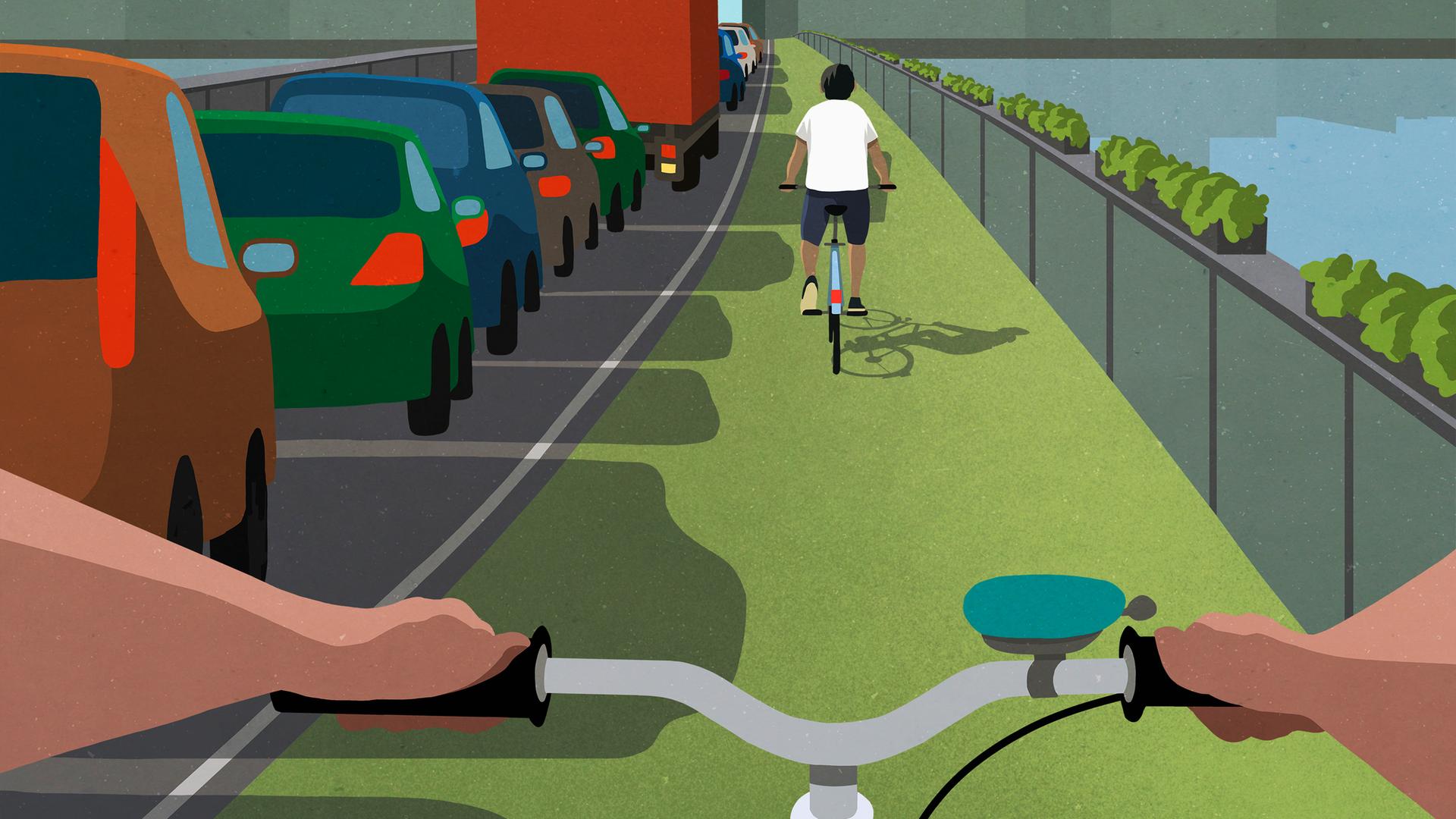 Illustration: Fahrradfahrer im Stadtverkehr, die die Autos überholen.