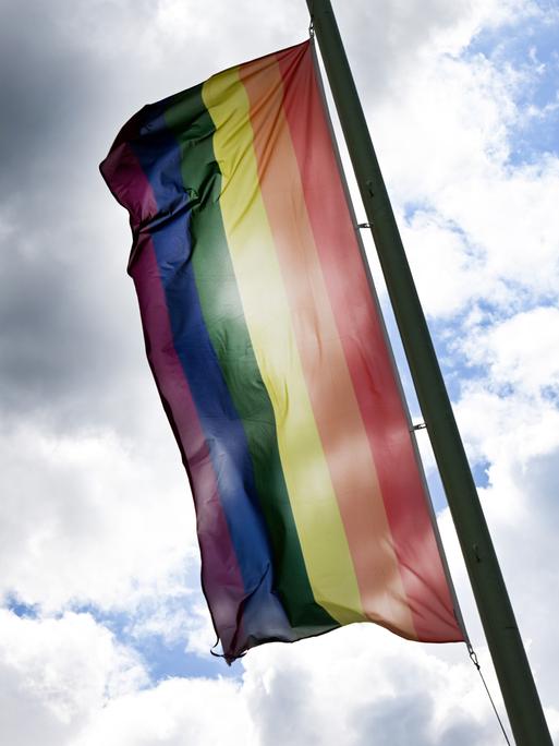 Eine Regenbogenflagge weht an einem Fahnenmast. Der Himmel ist bedeckt, auch mit grauen Wolken.