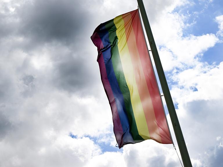 Eine Regenbogenflagge weht an einem Fahnenmast. Der Himmel ist bedeckt, auch mit grauen Wolken.