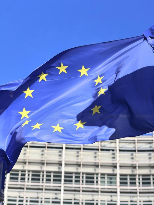 Vor Gebäuden der EU in Brüssel wehen Europa-Flaggen im Wind.