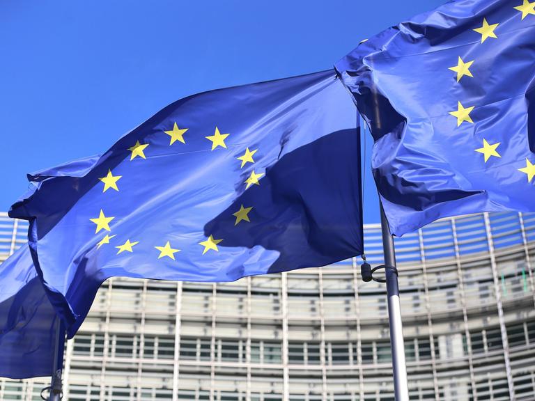 Vor Gebäuden der EU in Brüssel wehen Europa-Flaggen im Wind.