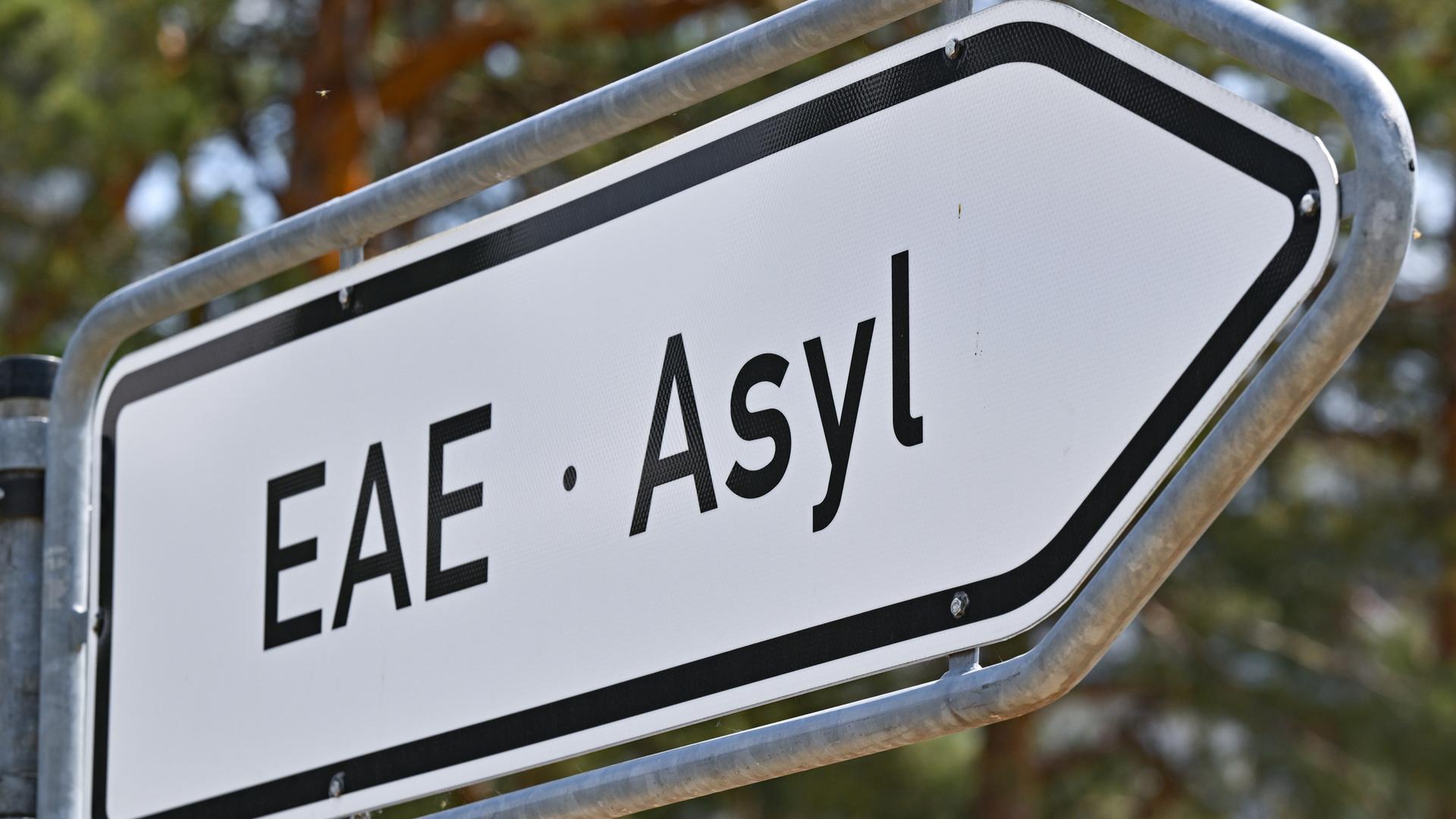 Ein Schild in Brandenburg mit der Aufschrift EAE-Asyl, womit die Erstaufnahme-Einrichtungen (EAE) des Landes in Eisenhüttenstadt gemeint ist.