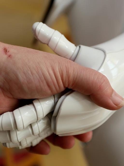 Eine menschliche Hand umfasst die Hand eines Roboters.