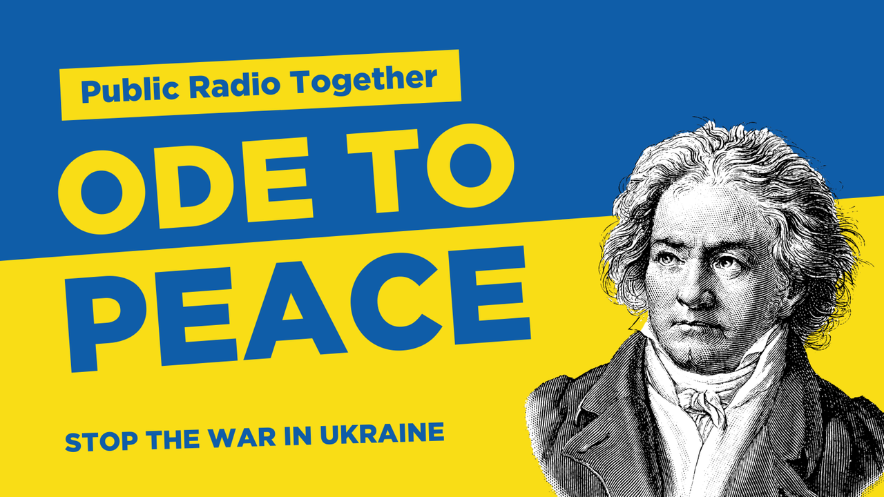Ein blauer und ein gelber Balken prägen das Bild, es sind die Farben der ukrainischen Flagge. Darauf stehen die Worte "Ode to Peace". Und ein Bild von Ludwig van Beethoven ist rechts daneben zu sehen.