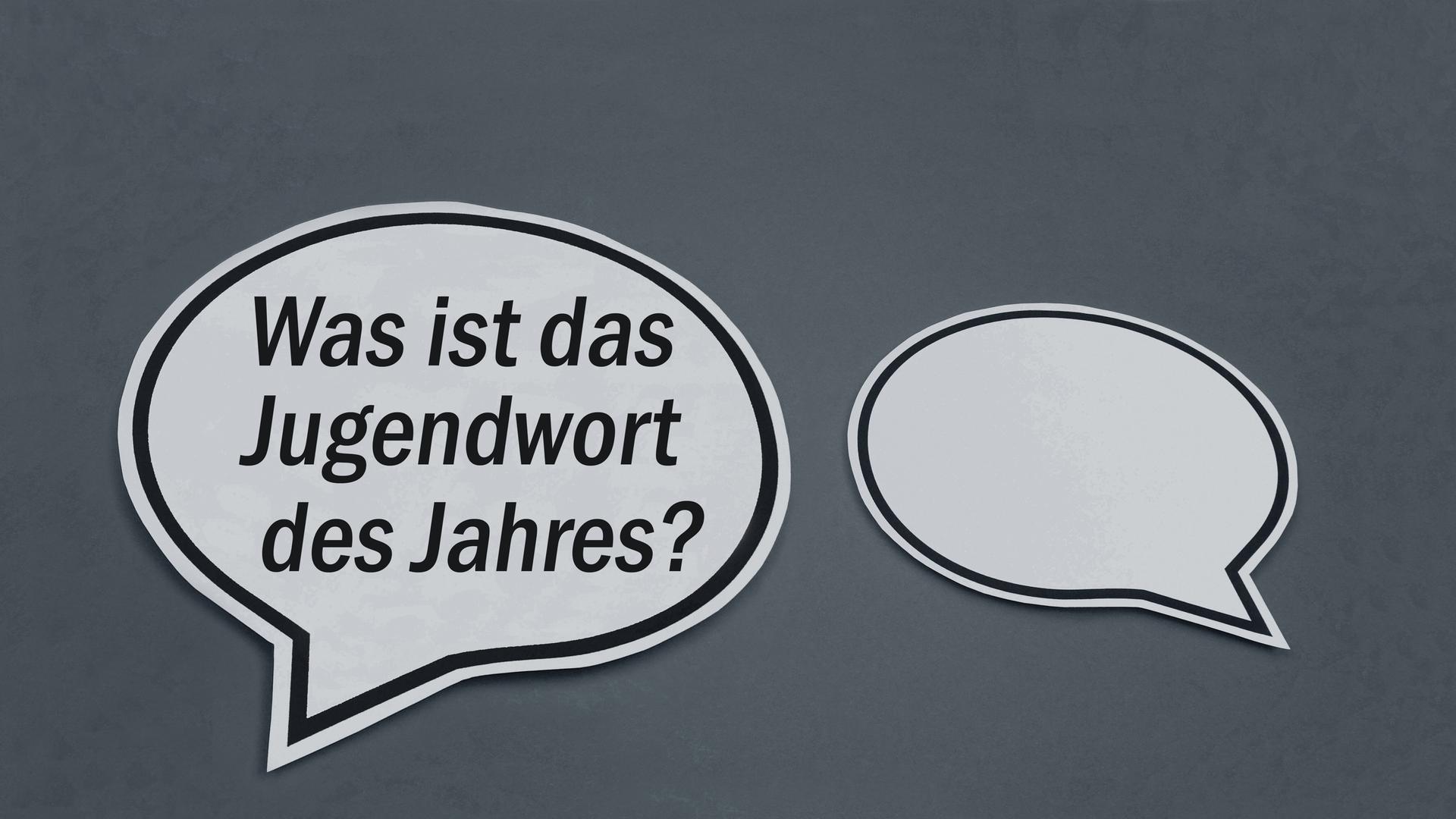 In zwei Sprechblasen befinden sich Schriftzuege mit dem Jugendwort des Jahres.