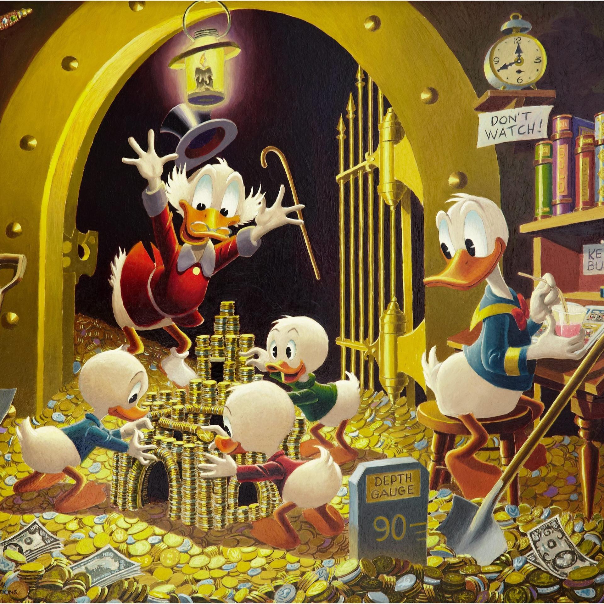 Dagobert und Donald Duck sowie ihre Neffen stehen in einem Tresorraum und zählen Münzen.